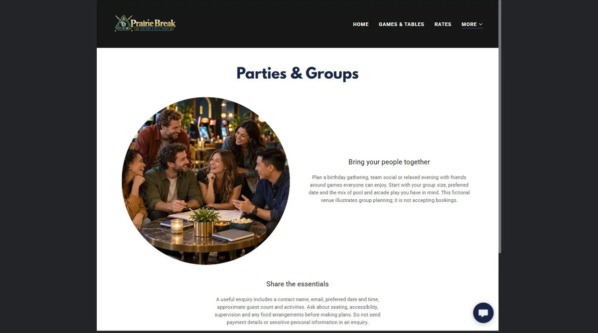 Finished Parties & Groups example — privacy-cropped excerpt