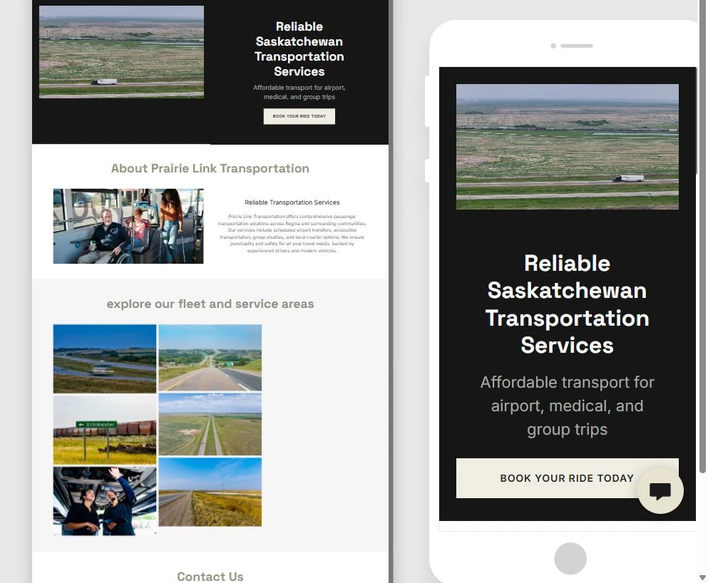 First generated Prairie Link Transportation website shown in Website Builder — privacy-cropped excerpt