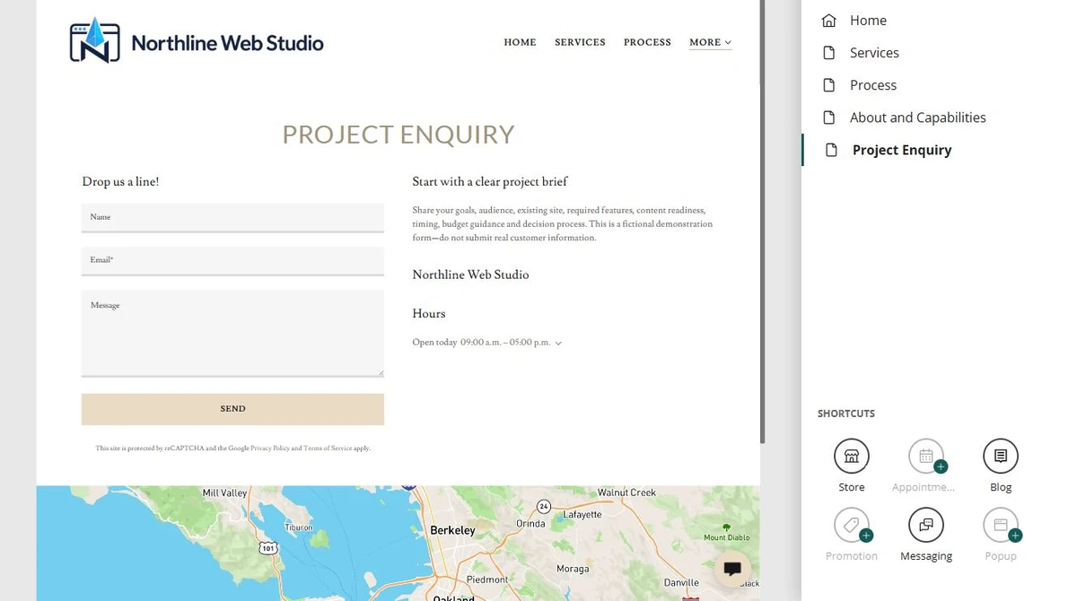 Website Builder editor showing Northline Web Studio pages and navigation controls — privacy-cropped excerpt