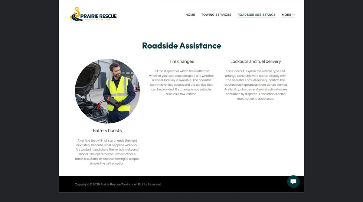Finished Roadside Assistance example — privacy-cropped excerpt