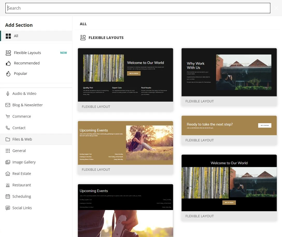 Website Builder Add Section library beside the Northglass Photography home page — privacy-cropped excerpt