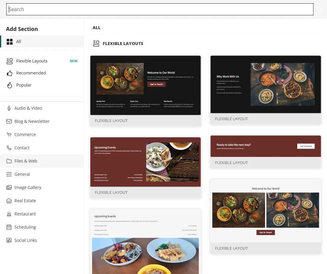 Website Builder Add Section library beside the Prairie Hearth Kitchen site — privacy-cropped excerpt