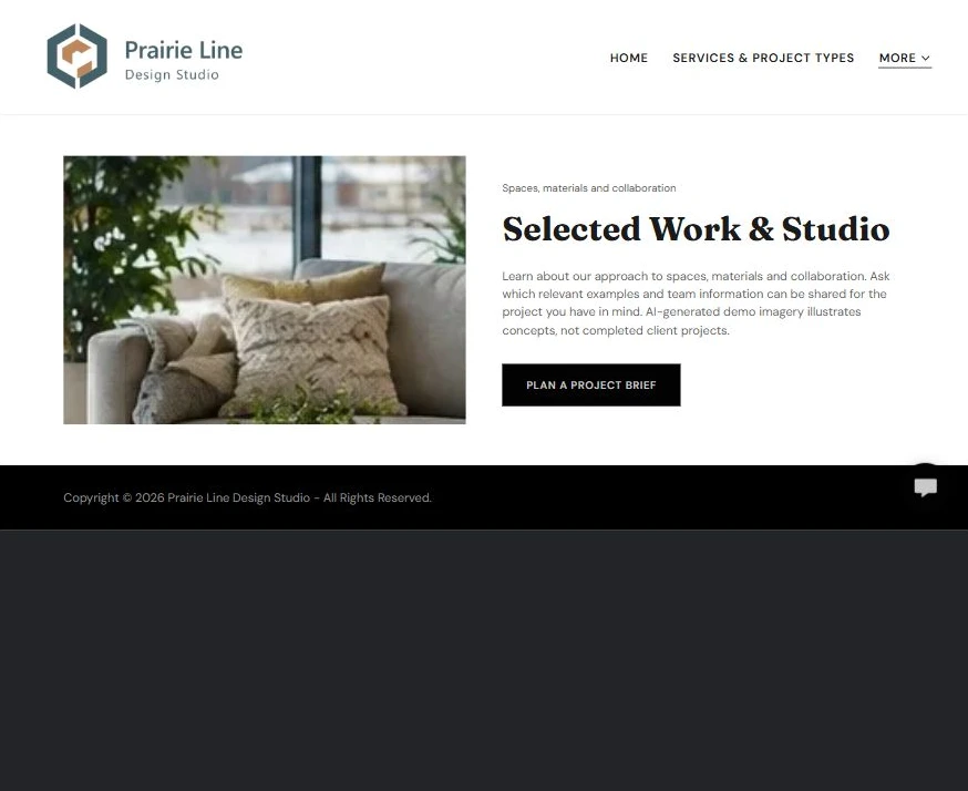 Captured first-screen Selected Work & Studio example — privacy-cropped excerpt