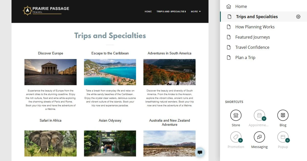 Website Builder editing Prairie Passage Travel trips and specialties — privacy-cropped excerpt