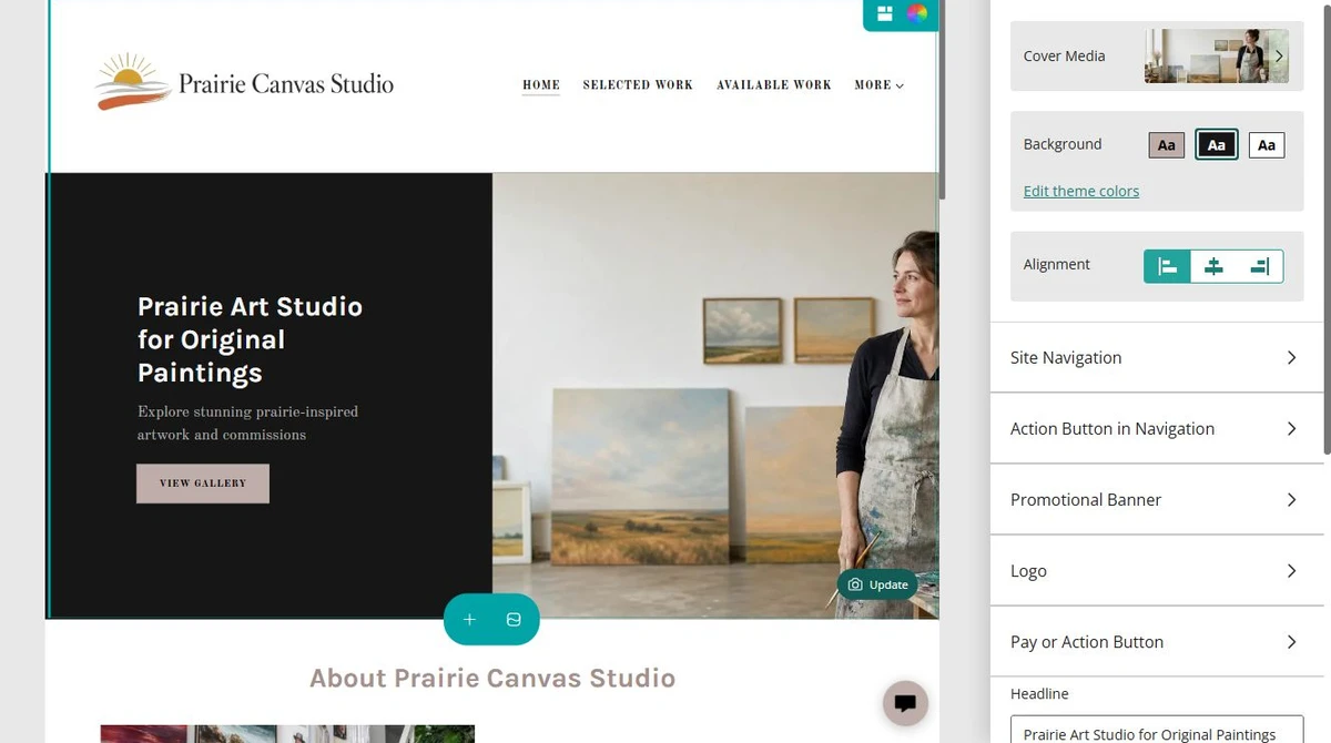 Prairie Canvas Studio cover and logo beside Website Builder header controls — privacy-cropped excerpt