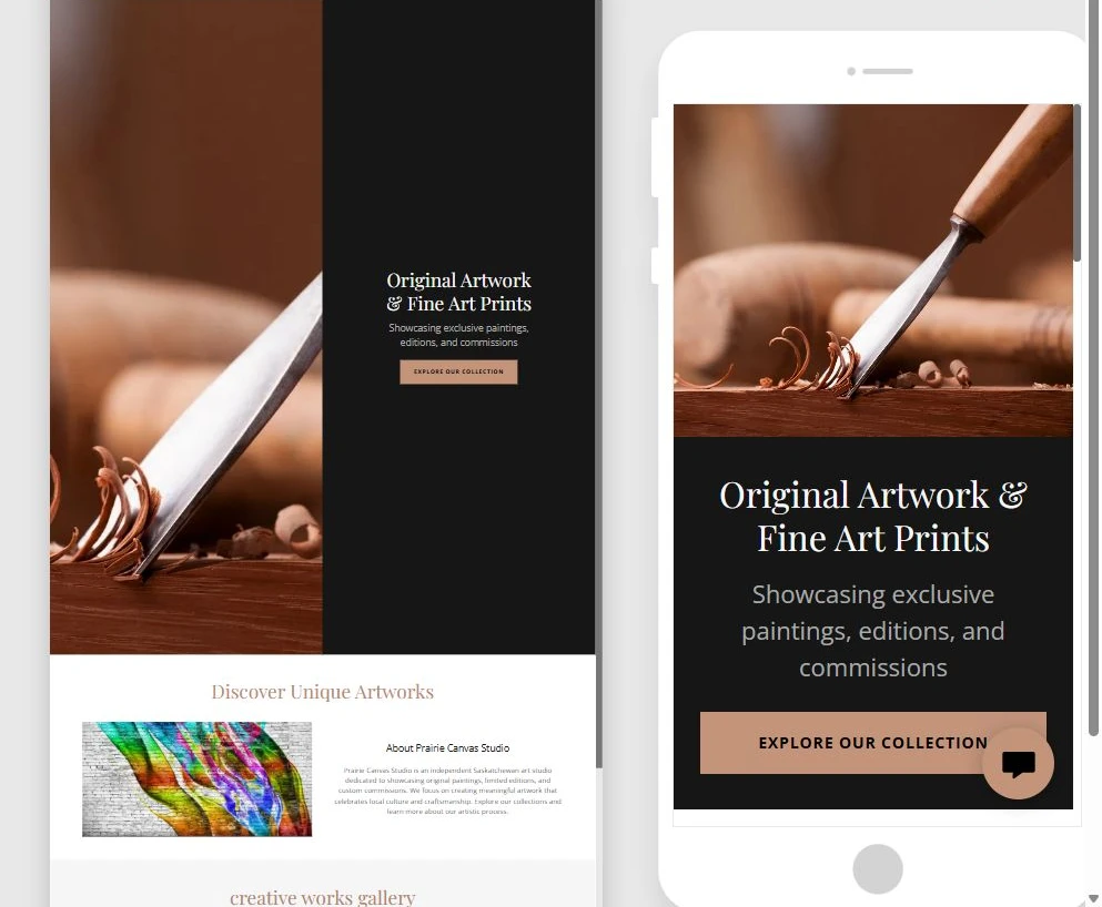 First generated Prairie Canvas Studio website shown in desktop and mobile previews — privacy-cropped excerpt