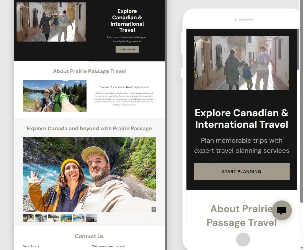 First Website Builder draft for Prairie Passage Travel — privacy-cropped excerpt