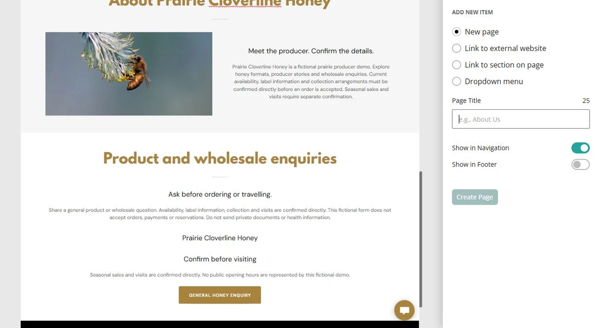 Prairie Cloverline Honey · Add Page — privacy-cropped excerpt