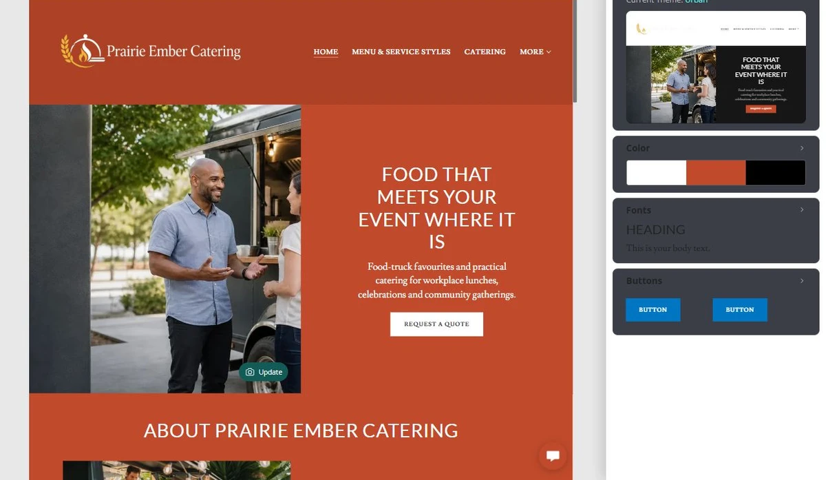 Website Builder theme and colour controls for Prairie Ember Catering — privacy-cropped excerpt