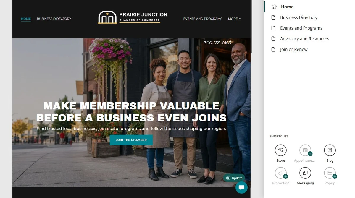 Website Builder page organizer for Prairie Junction Chamber of Commerce — privacy-cropped excerpt