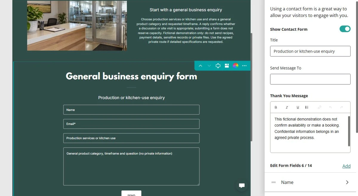 Prairie Batchworks · Enquiry form settings — privacy-cropped excerpt