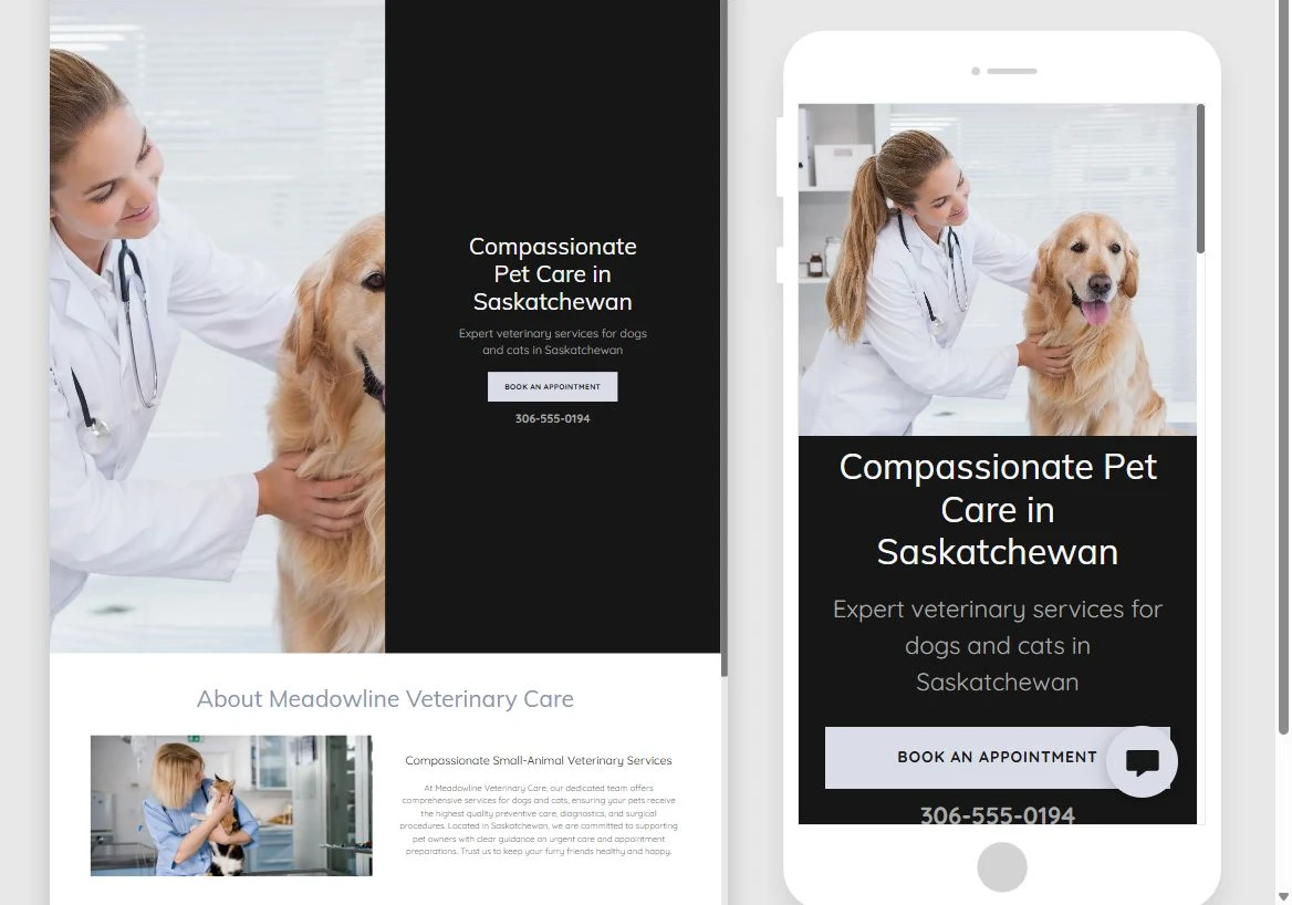 First Meadowline Veterinary Care Website Builder draft — privacy-cropped excerpt