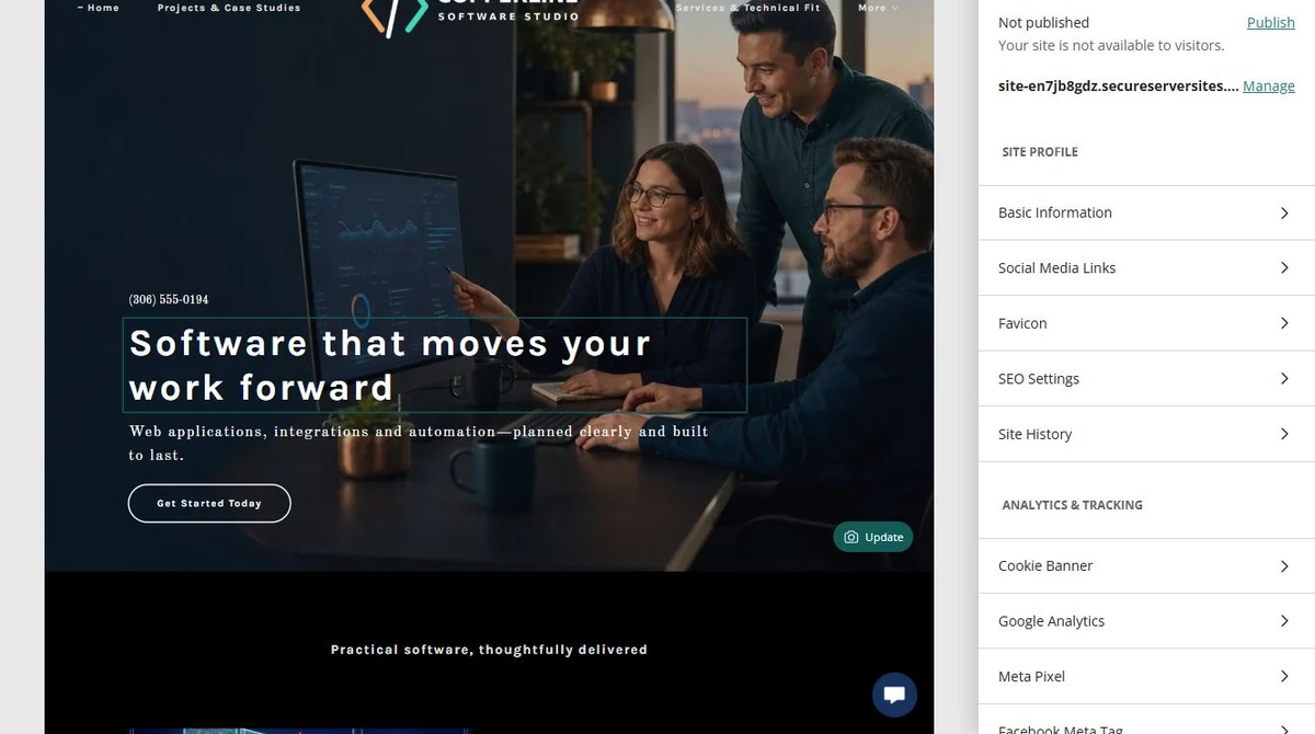Make the studio identity visible for Copperline Software Studio in Website Builder — privacy-cropped excerpt