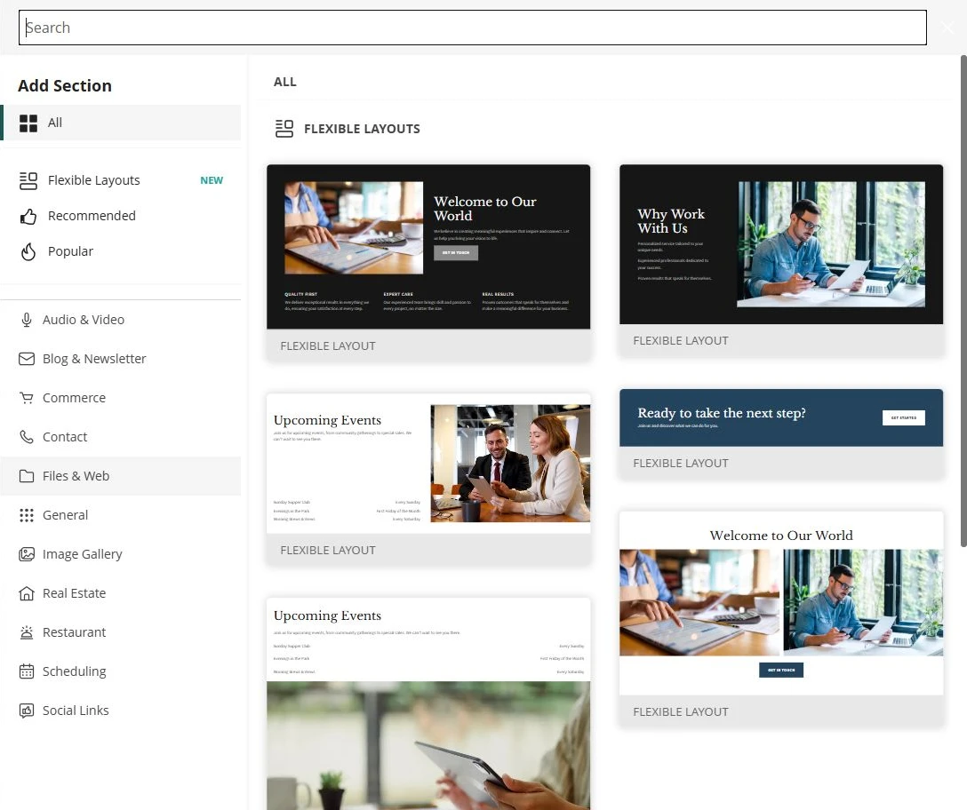 Website Builder Add Section library showing layouts and content categories for the accounting site — privacy-cropped excerpt