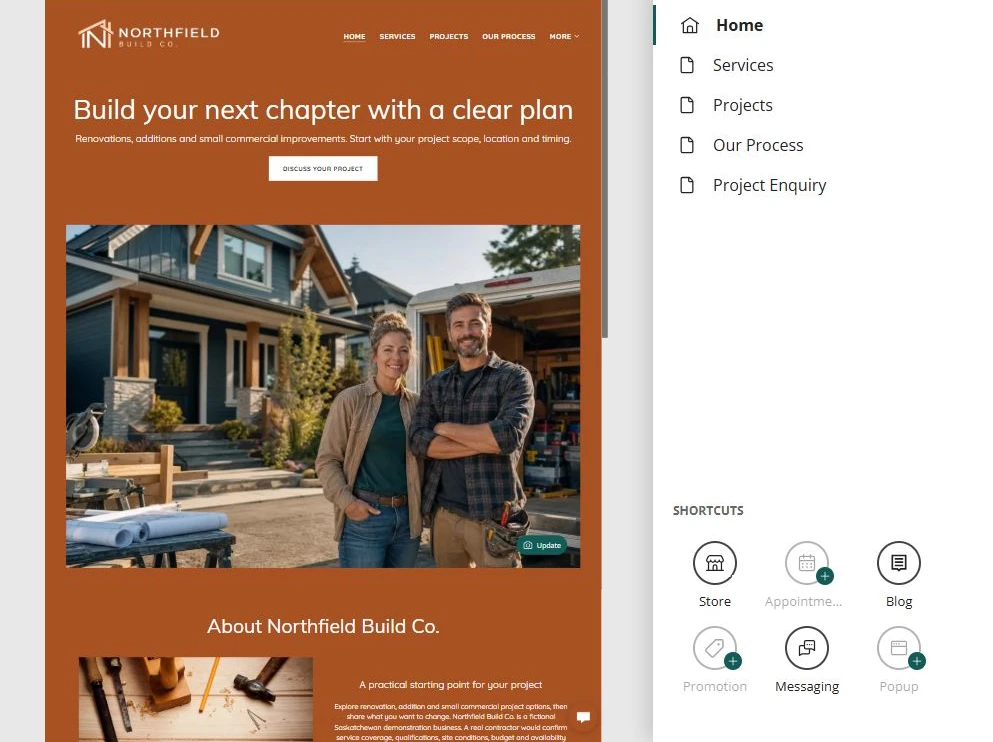 Website Builder editor showing the Northfield Build Co. pages and navigation controls — privacy-cropped excerpt