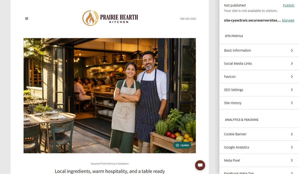 Website Builder editor showing the Prairie Hearth Kitchen home page — privacy-cropped excerpt