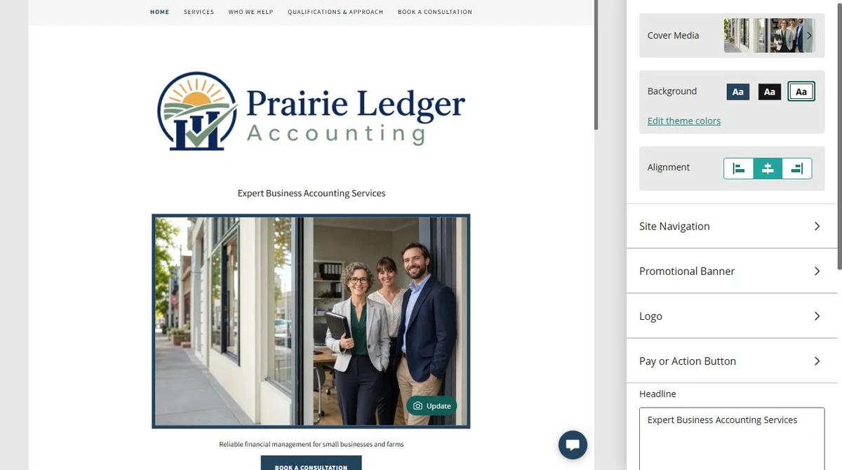 Prairie Ledger Accounting cover and logo beside Website Builder header controls — privacy-cropped excerpt