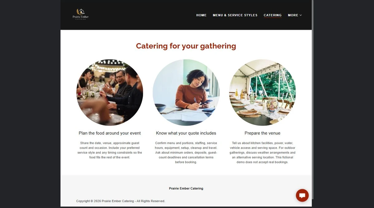 Finished Prairie Ember Catering catering page — privacy-cropped excerpt