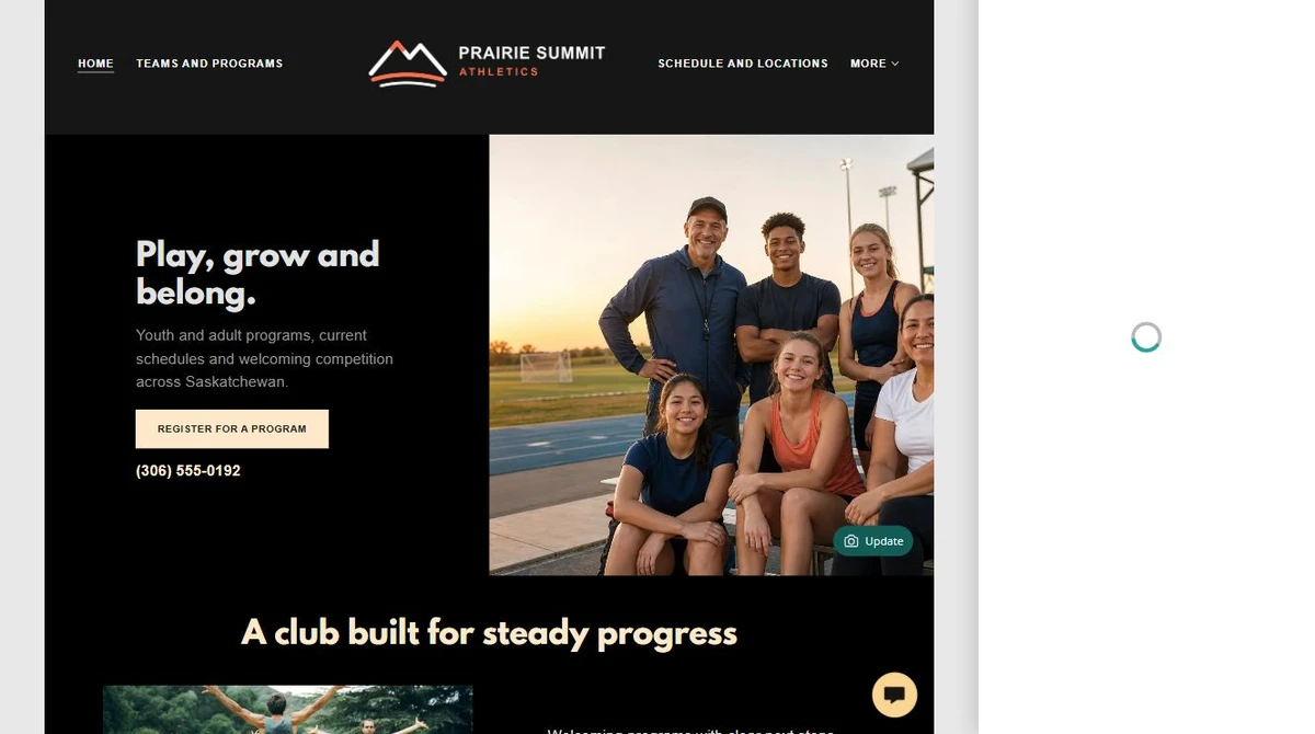 Website Builder page navigation for Prairie Summit Athletics — privacy-cropped excerpt