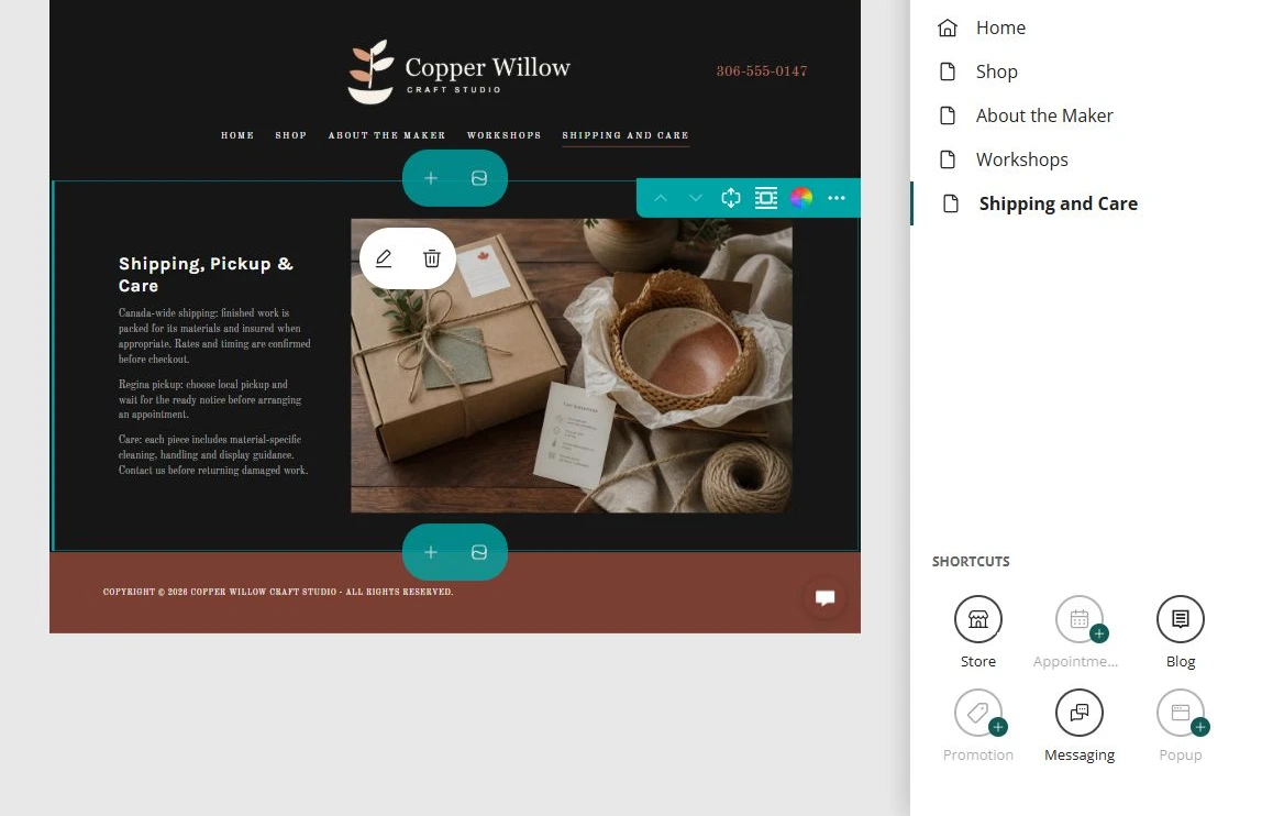Refine each section in place for Copper Willow Craft Studio in Website Builder — privacy-cropped excerpt