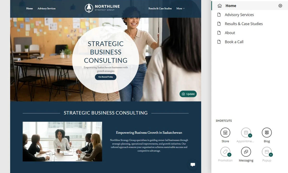 Website Builder editor showing the Northline Strategy Group home page — privacy-cropped excerpt