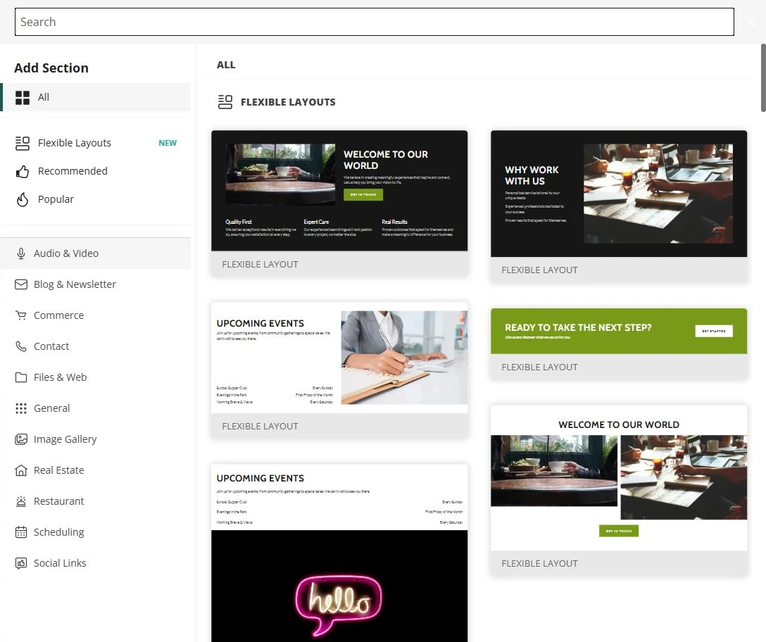 Website Builder section library beside the Economic Development site — privacy-cropped excerpt