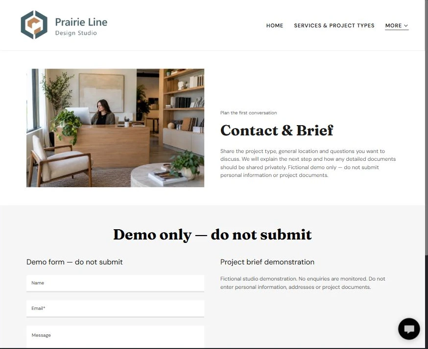 Captured first-screen Contact & Brief example — privacy-cropped excerpt