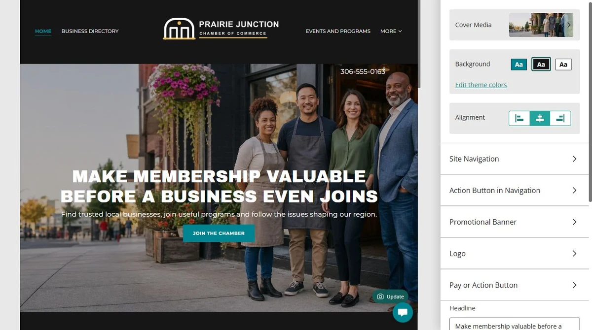 Prairie Junction home page beside the Website Builder header controls — privacy-cropped excerpt