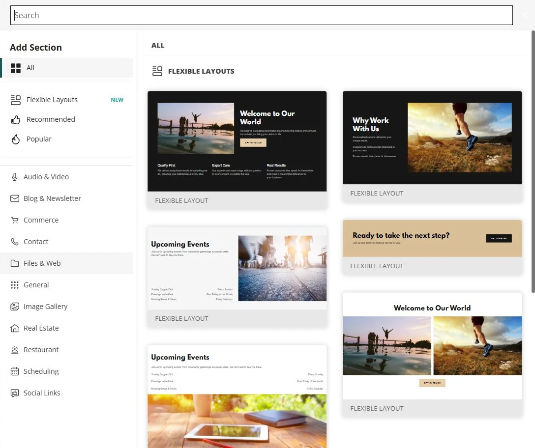 Website Builder Add Section library showing layouts and content categories — privacy-cropped excerpt