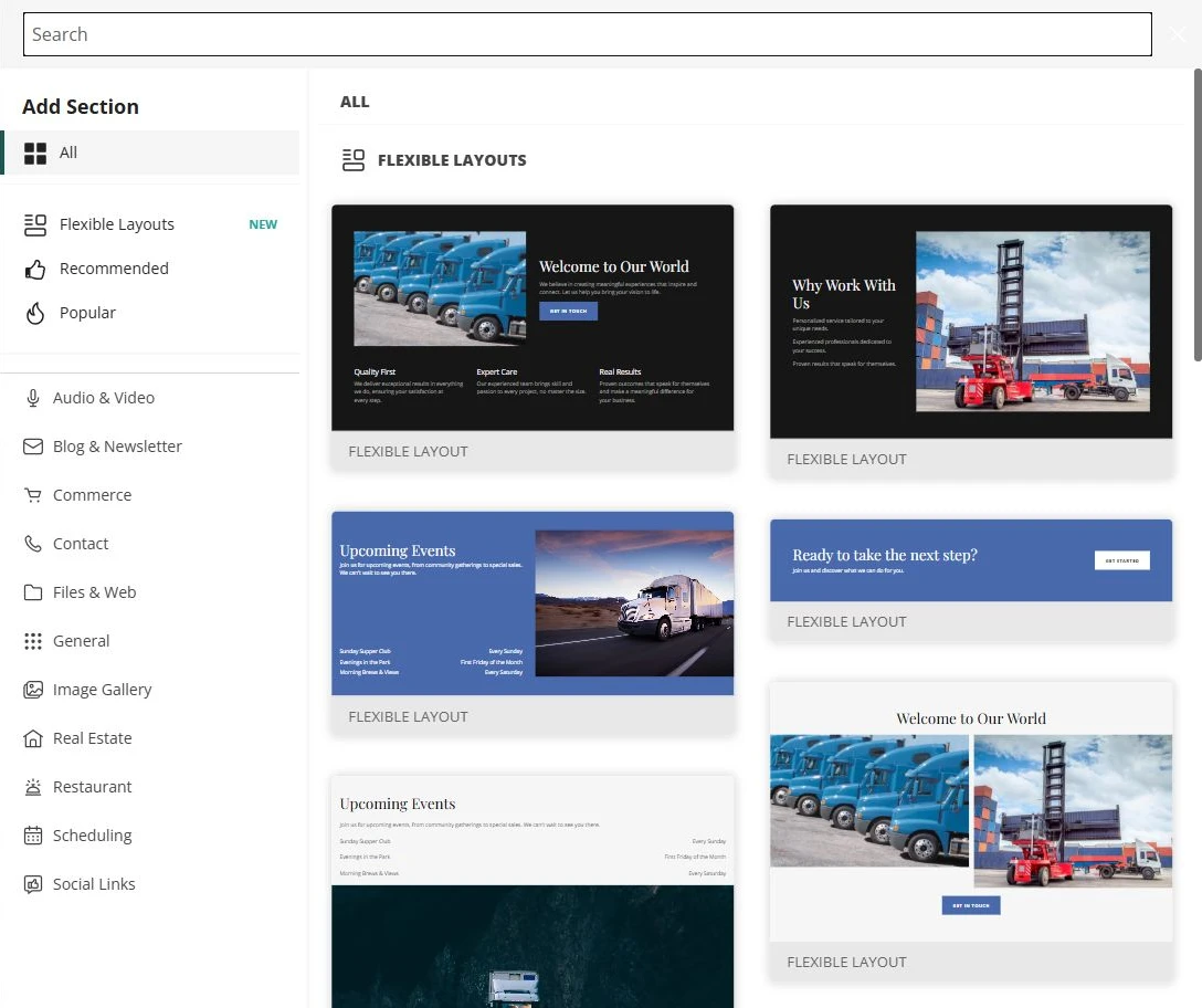 Website Builder section library beside the Prairie Line Freight quote page — privacy-cropped excerpt