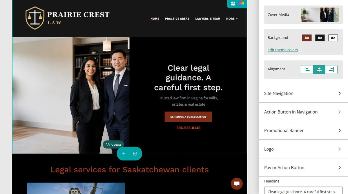Website Builder editing the Prairie Crest Law Home header — privacy-cropped excerpt
