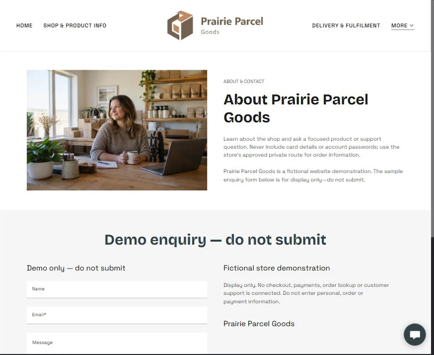 Captured first-screen About & Contact example — privacy-cropped excerpt