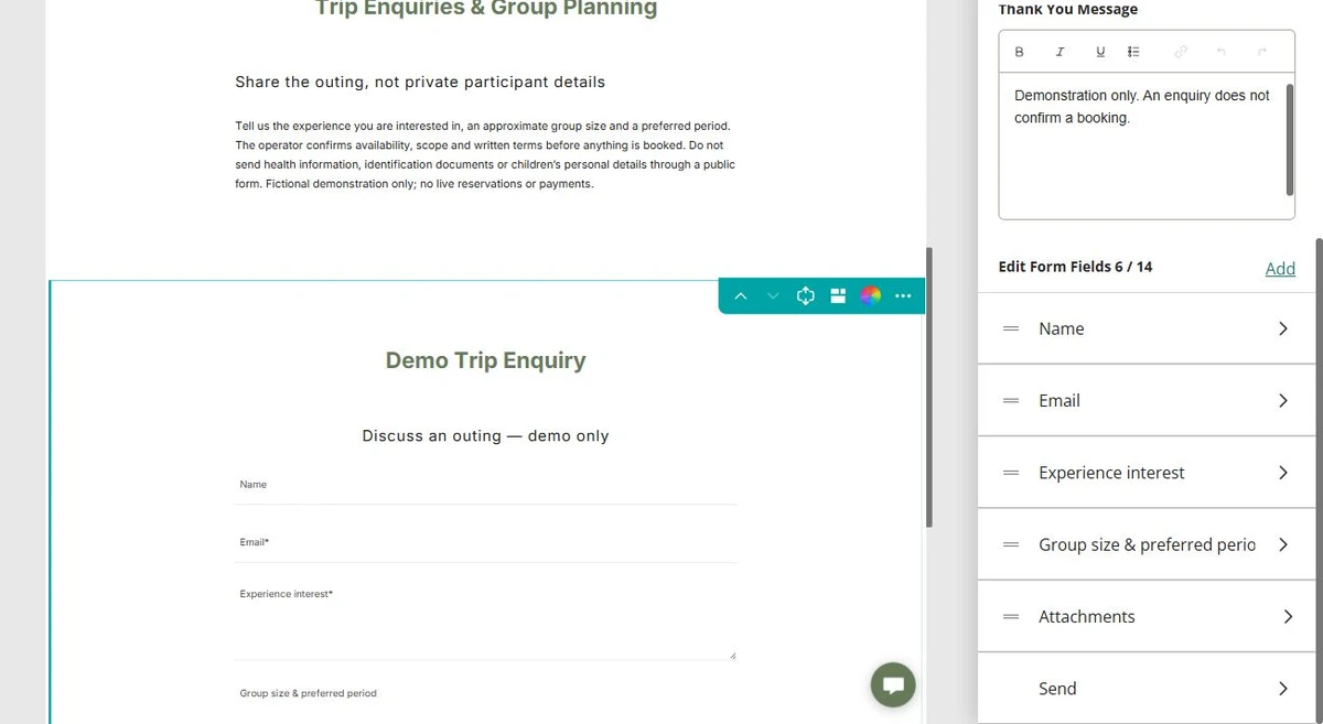 Enquiry field settings — privacy-cropped excerpt