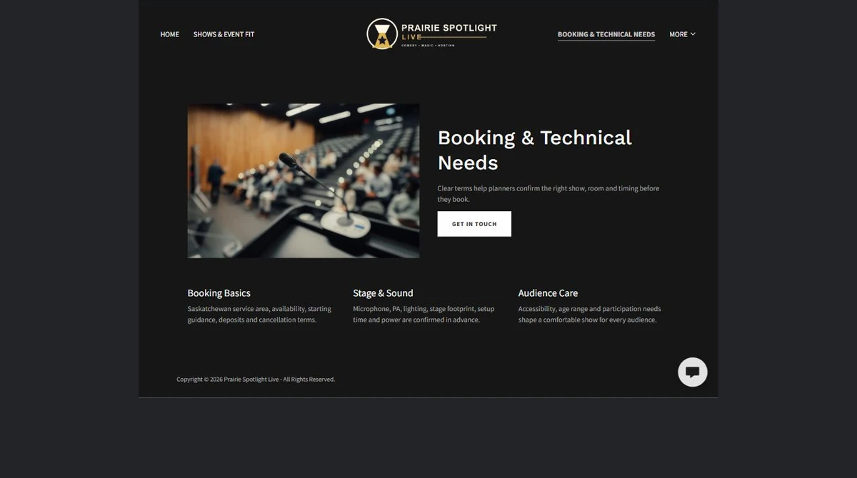 Finished Booking and technical needs example — privacy-cropped excerpt