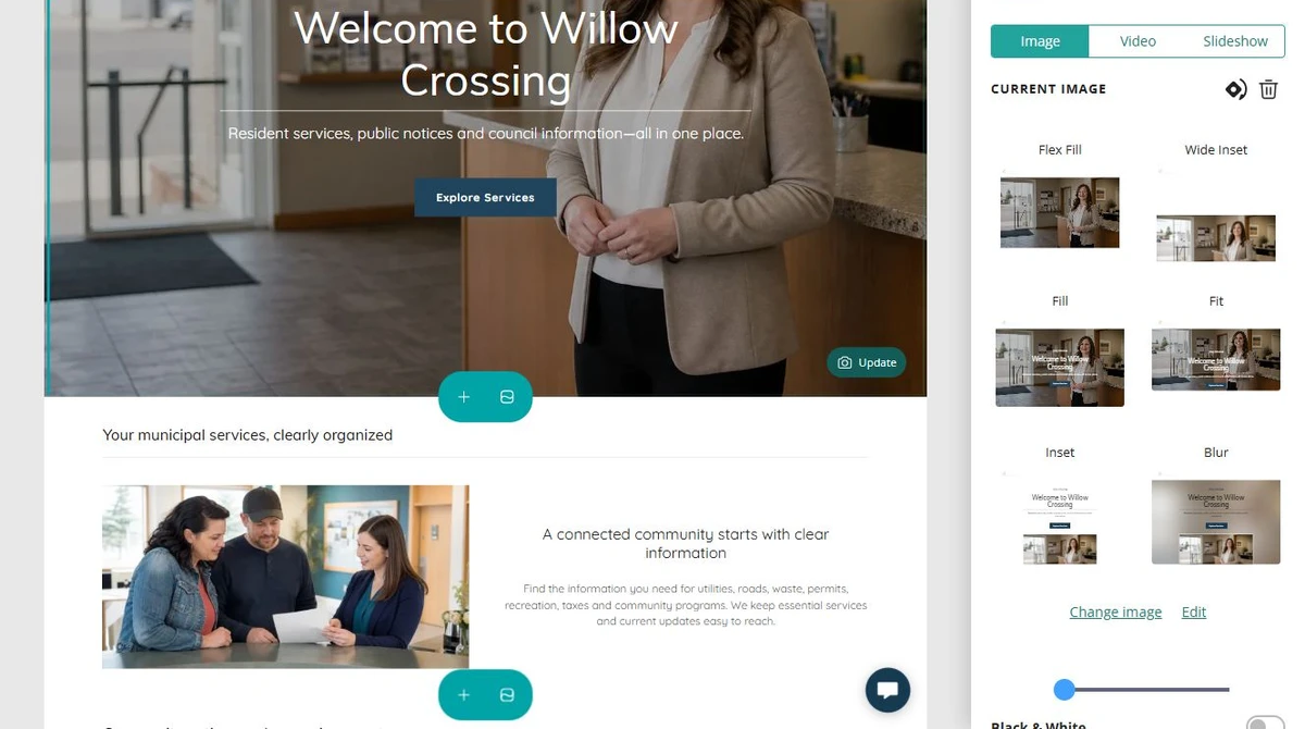 Website Builder editor showing the updated Willow Crossing home-page hero — privacy-cropped excerpt