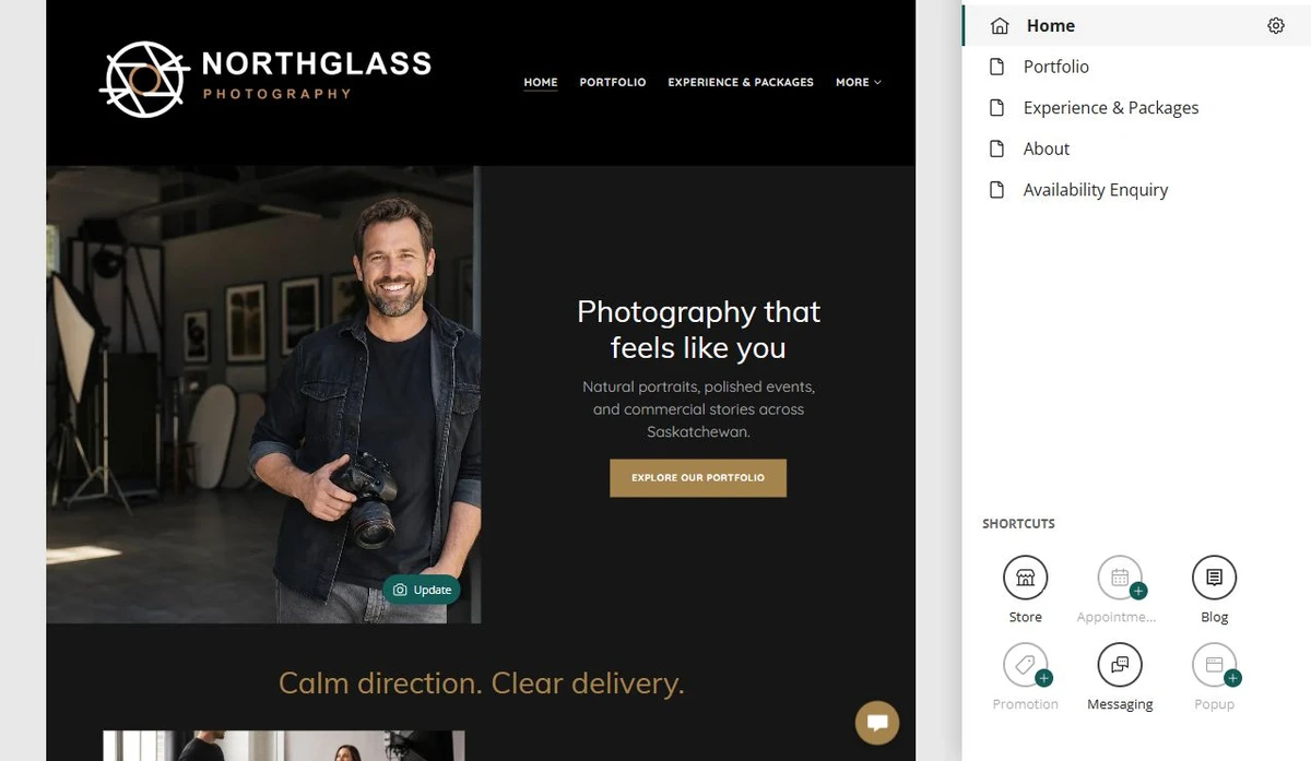 Website Builder editor showing the Northglass Photography home page — privacy-cropped excerpt