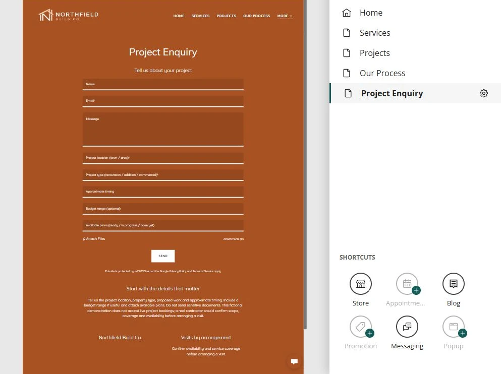 Website Builder editor showing the Northfield Build Co. Project Enquiry page — privacy-cropped excerpt