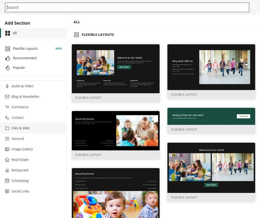 Website Builder Add Section library beside the Bright Spruce site — privacy-cropped excerpt