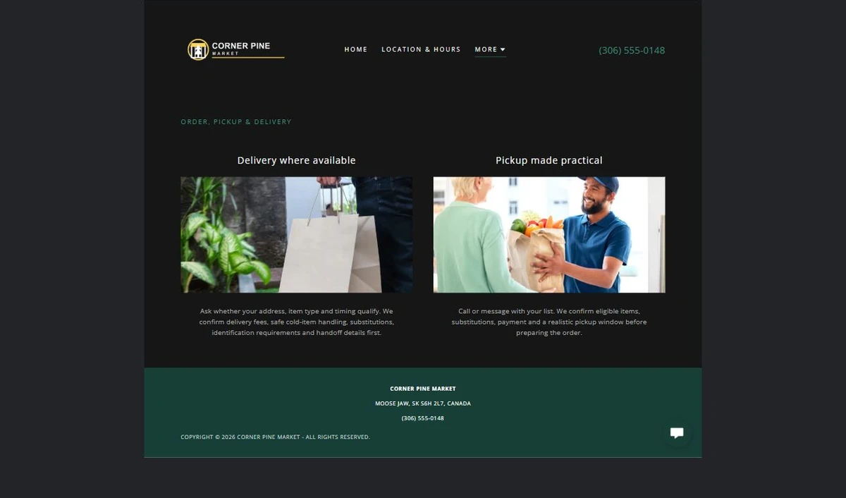 Finished Order, pickup, and delivery example — privacy-cropped excerpt