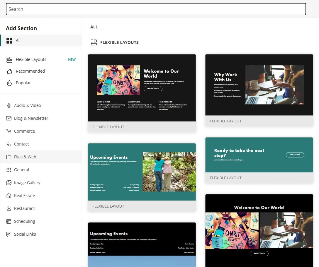 Website Builder Add Section library beside the Prairie Neighbours site — privacy-cropped excerpt