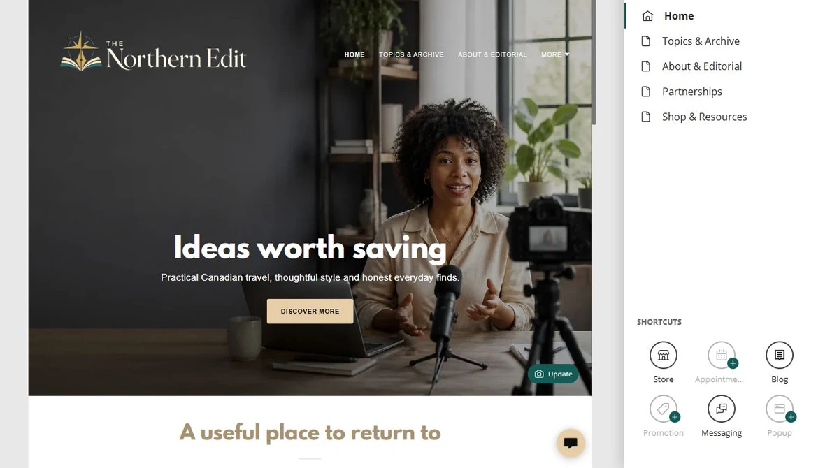 The Northern Edit home page beside its five-page Website Builder navigation — privacy-cropped excerpt