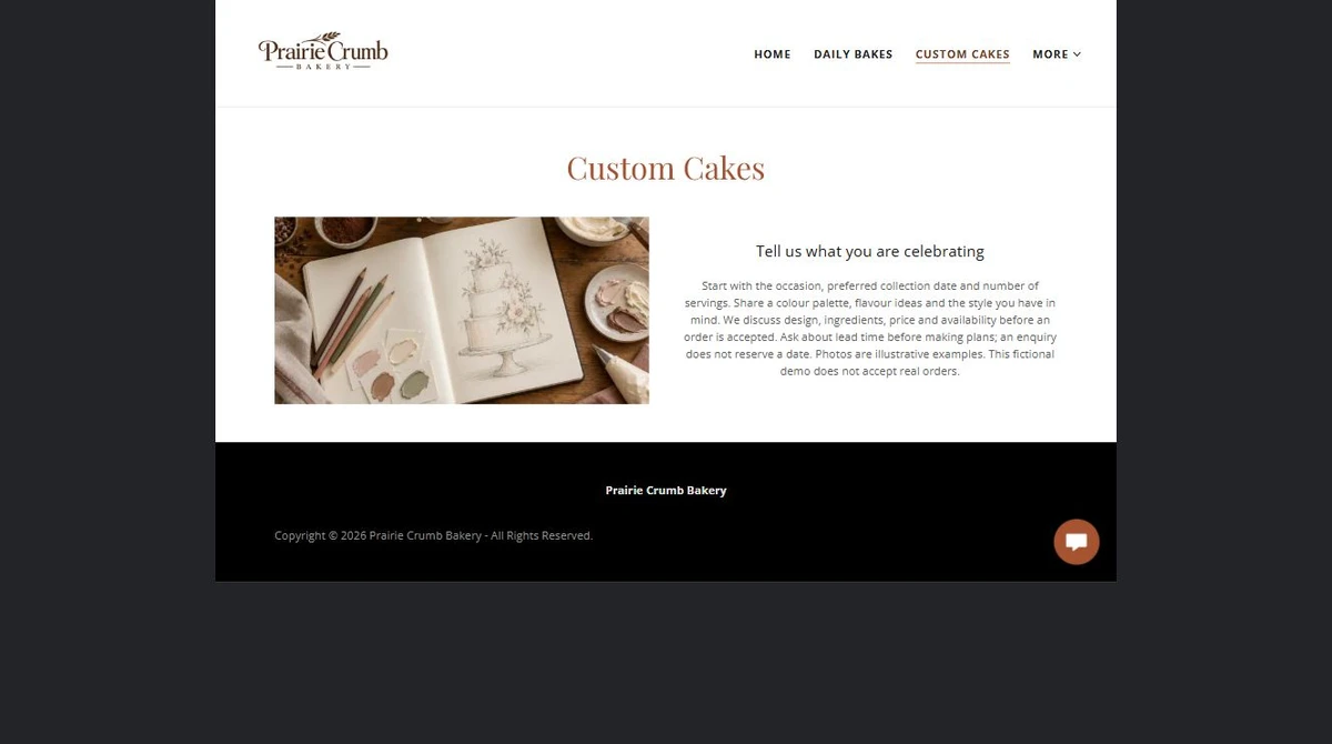 Finished Custom Cakes example — privacy-cropped excerpt