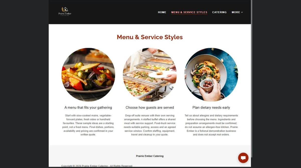 Finished Prairie Ember Catering menu and service styles page — privacy-cropped excerpt