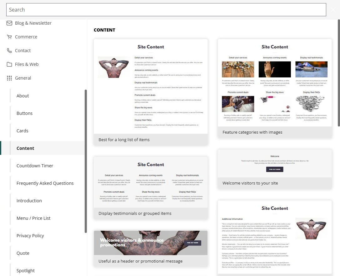 Studio · General → Content — privacy-cropped excerpt