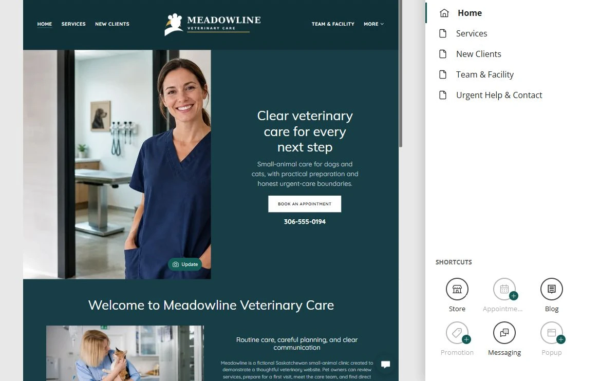 Website Builder page organizer for Meadowline Veterinary Care — privacy-cropped excerpt