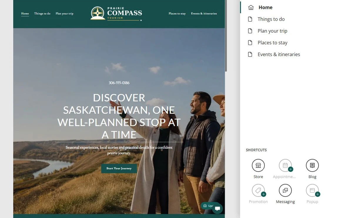 Website Builder page organizer for Prairie Compass Tourism — privacy-cropped excerpt