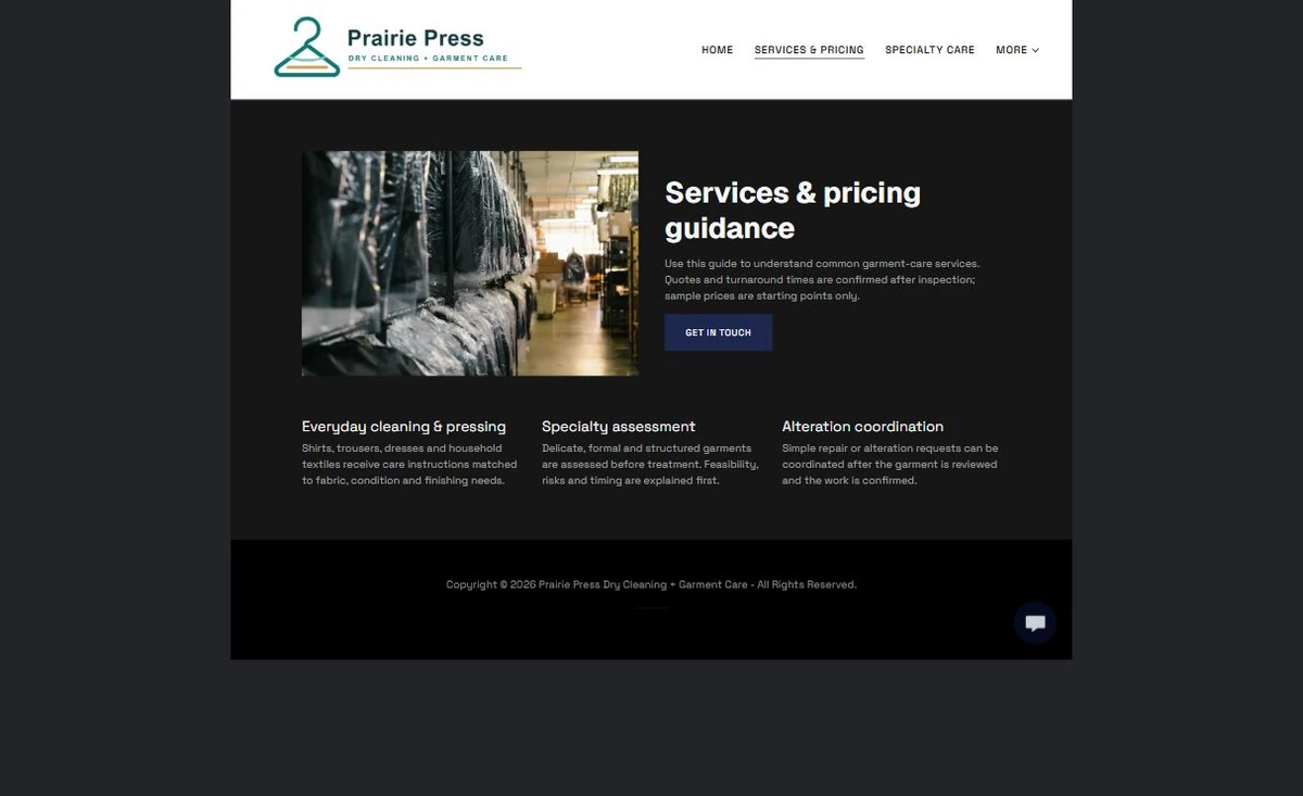 Finished Services & Pricing Guide example — privacy-cropped excerpt