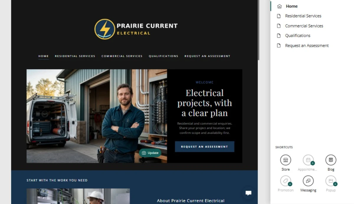 Website Builder editor showing Prairie Current Electrical pages and navigation controls — privacy-cropped excerpt