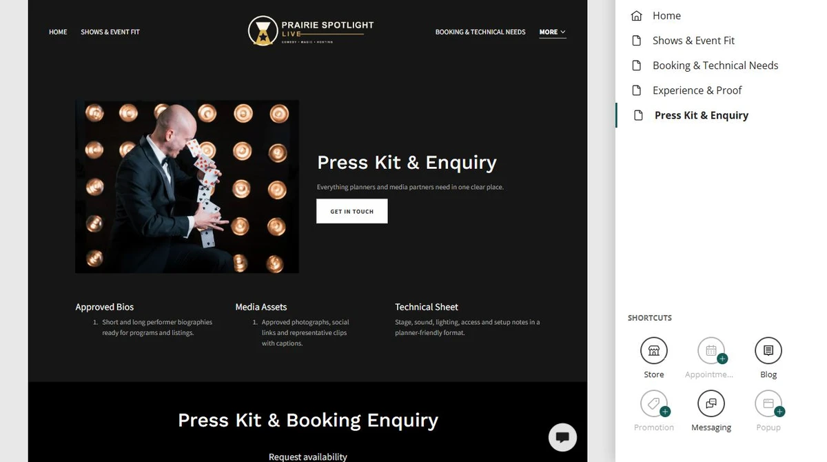 Website Builder page navigation for Prairie Spotlight Live — privacy-cropped excerpt