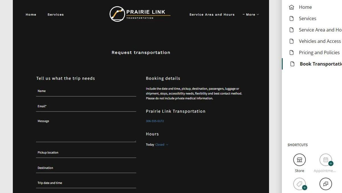 Website Builder editing Prairie Link Transportation — privacy-cropped excerpt